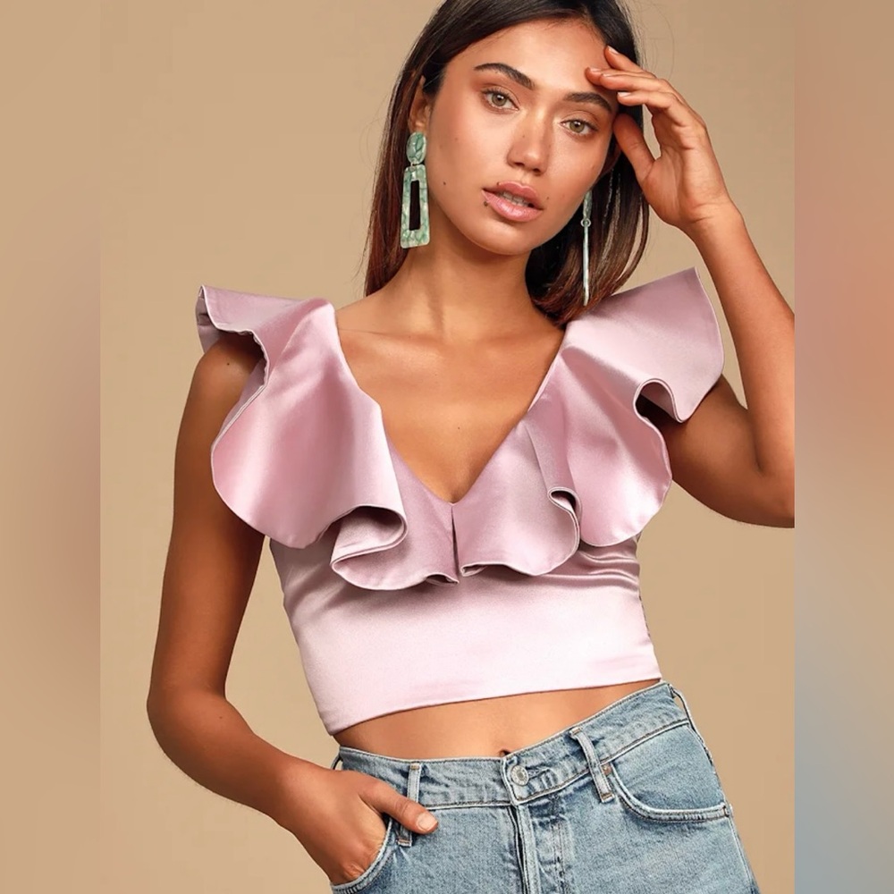 Lulus Openhearted pink satin ruffled crop top